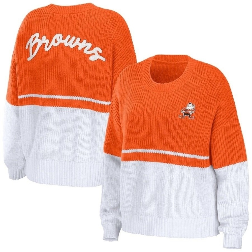 Cleveland Browns Orange & White Colorblock Crew Neck Knit Sweater Womens S NWT